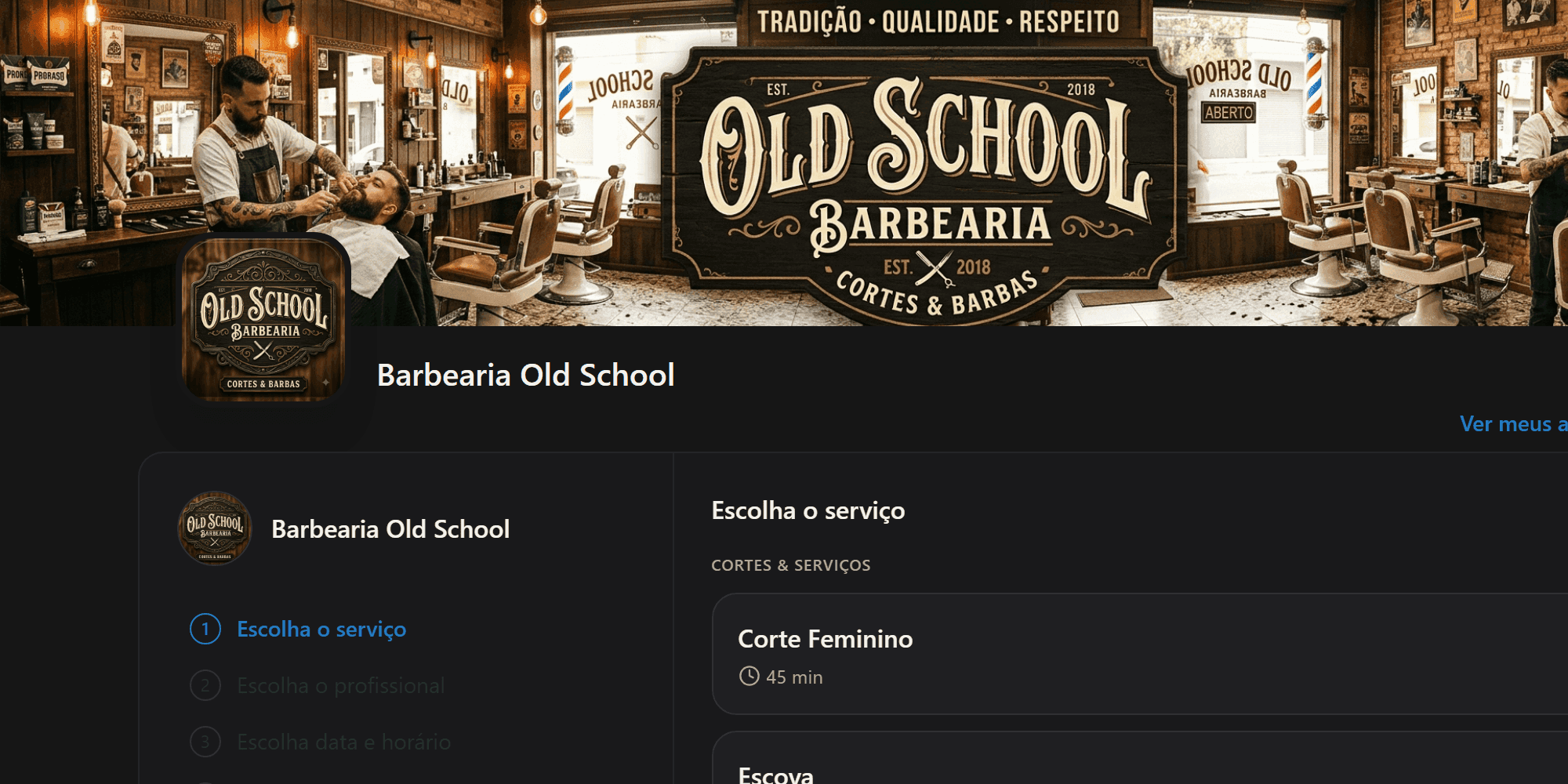 Página de agendamento do cliente, com a lista de serviços da empresa